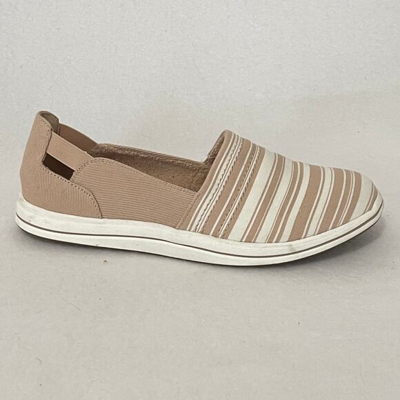 Clarks Cloud Steppers Slip On Shoes Womens 8.5 Tan White Striped Cushion Comfort - Picture 6 of 8